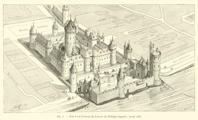 Uma vista aérea do Louvre de Philippe-Auguste, antes de 1362 de French School