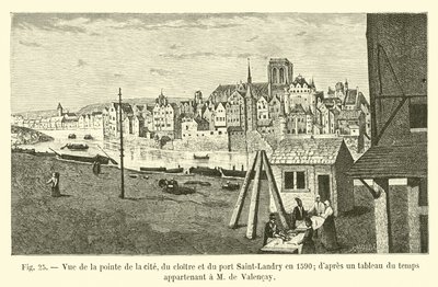 Vista da ponta da cidade, o claustro e o porto Saint-Landry em 1590; de um gráfico de tempo pertencente ao Sr. de Valencay de French School
