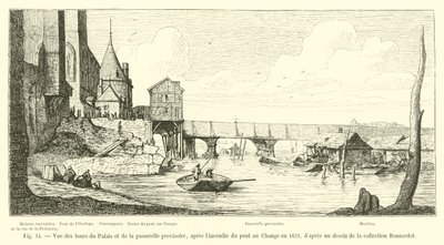 Vista das torres do Palácio e da ponte temporária, após o incêndio da Pont au Change em 1621, a partir de um desenho da colecção de Bonnardot de French School