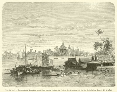 Vista do porto e das docas de Bangkok, tirada de um barco em frente à Igreja das Missões (gravura) de French School
