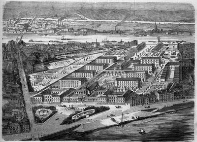 Vista exterior do Hotel Dieu (Hotel-Dieu) em Nantes, inaugurado em 1863. Este hospital será quase totalmente destruído durante um atentado à bomba em 1943. Loire Atlantique (44). Gravura em "Le Monde Illustre" n°347 de 5 de dezembro de 1863. de French School
