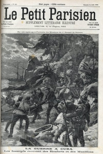 Guerra (da Independência) em Cuba: Insurge-se a receber reforços e munições. Os cubanos se levantaram contra o domínio espanhol em 1895 e a guerra terminou em 1896 com a ajuda de americanos. "The Little Parisien", 24/04/1898. de French School