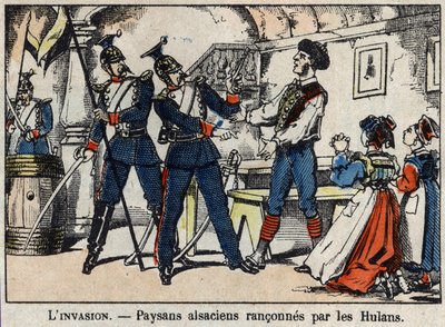 Guerra de 1870 entre a França e a Prússia: Os camponeses alsacianos dirigidos pelos Hulans (Uhlans, Houlans) imagem de Epinal. de French School