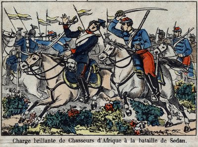 Guerra de 1870 entre a França e a Prússia: carga de caçadores africanos na Batalha de Sedan em 1870.Imagem da Epinal. de French School