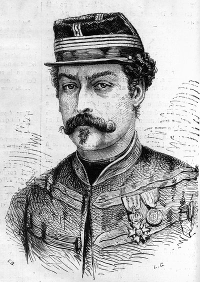 Guerra de 1870: retrato de Leon Franchetti (1834-1870), soldado francês, comandante dos Escoteiros do Sena. Gravura em "Le Monde Illustré" n°714 de 17 de dezembro de 1870. de French School
