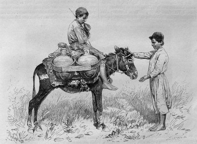 Portador de água, da Síria hoje. Viajar para a Fenícia, o Líbano e a Judéia. 1875-1880 de Louis Charles Emile Lortet, 1884 (gravura do bw) de French School