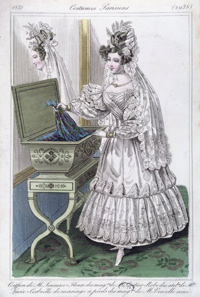 Vestido de noiva, placa de moda de Parisiens, 1831 de French School
