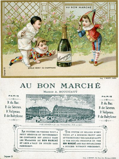 Que sorte! uma garrafa de champanhe; frente e verso de um cartão promocional para as lojas de departamento Bon Marché em Paris, c.1895 de French School