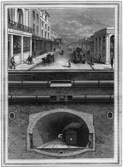 O que está debaixo do pavê de Londres (Grã-Bretanha): Tubo de gás, tubo de água, tubo pneumático para resíduos, esgotos, túnel e linha férrea para áreas metropolitanas. Gravura em "La Nature. Revue des sciences et de ses applications aux arts et à l