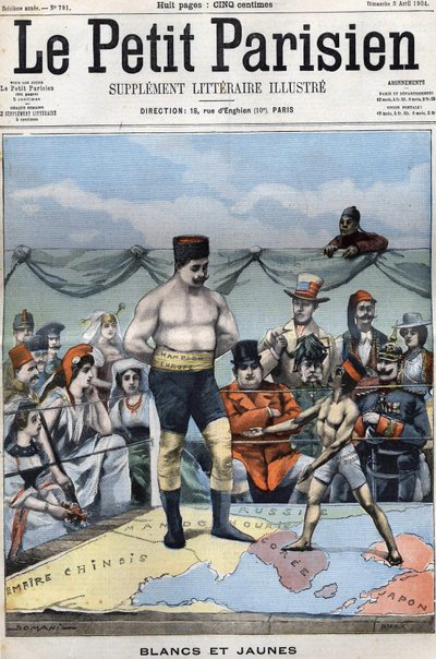 Branco e Amarelo (desenho animado sobre a guerra russo-japonesa: países como França, EUA, China... assistindo ao boxe no Japão e na Rússia). Capa Le petit Parisien de 3 de Abril de French School