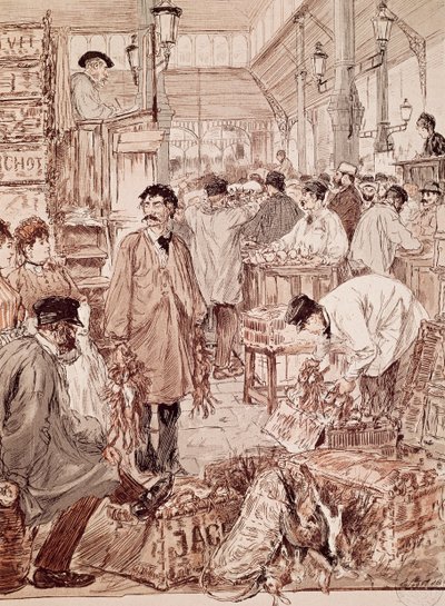 Leilão de caça selvagem em Les Halles, ilustração, Paris, França de French School