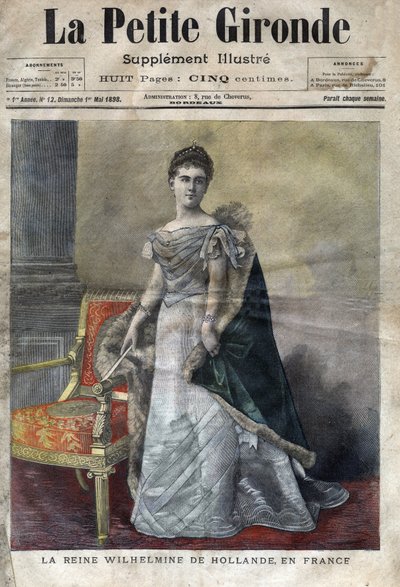 Wilhelmine de Orange-Nassau (1880-1962), rainha da Holanda de 1890 a 1948, filha de Guilherme III, abdicou em favor de sua filha Juliana. Capa de "La petite Gironde" de maio de 1898 (gravura) de French School