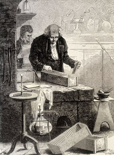 William Cruickshank construiu a pilha de cochos - no "Álbum da Ciência; ilustres estudiosos; Grandes Descobertas" de 1896. de French School