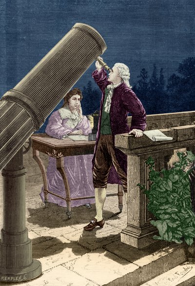 William Herschel (1738-1822) Descobre o Planeta Urano (gravura) de French School