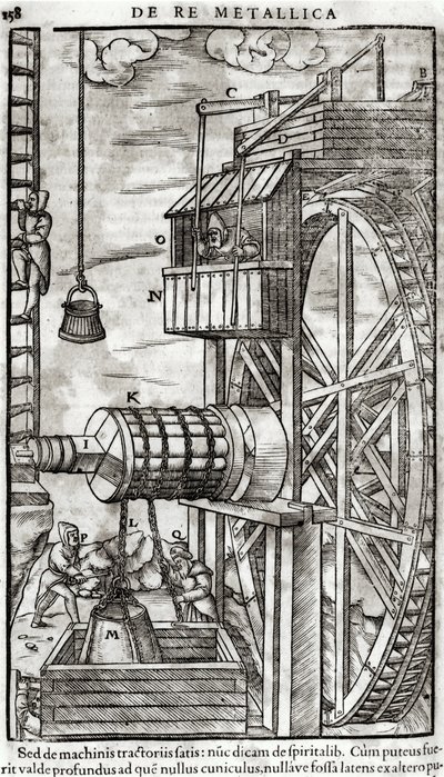 Guincho para obter água de uma mina, ilustração de De Re Metallica por Georg Bauer (1494-1566), conhecido como Agricola, 1561 de French School