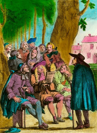 Políticos eólicos lendo "a Gazeta" sob a árvore de Cracóvia, nos jardins do Luxemburgo, no final do Regime Antigo, em Paris. Gravura do século XVIII. Colecção privada de French School
