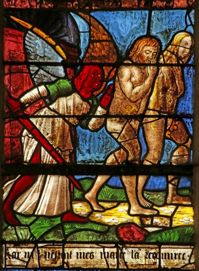 Janela que representa Adão e Eva sendo expulsos do Éden (vitral) de French School