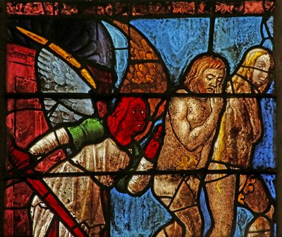 Janela que representa Adão e Eva sendo expulsos do Éden (vitral) de French School