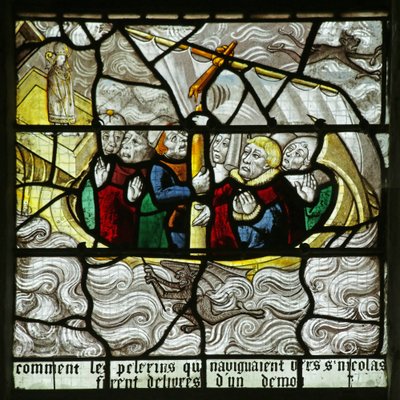 Janela que representa São Nicolau salvando os peregrinos do naufrágio em uma tempestade (vitral) de French School