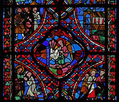 Janela retratando a segunda seção da janela de St James, w5: no centro estão os pregos da Paixão; Fileto é convertido; Hermógenes com São Tiago; uma igreja; St James com 2 homens nn (manchado g de French School