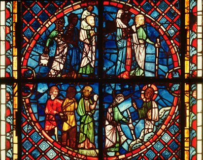 Janela da Capela da Virgem representando os israelitas no Deserto e Moisés no Monte Sinai, c.1240-50 de French School