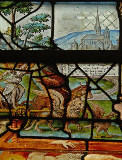 Janela no Charnier (w.11) representando um detalhe do Mystic Wine Press de French School