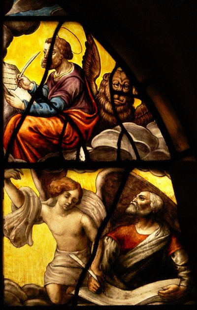 Janela no Charnier (w.2) representando um detalhe do milagre da hóstia: São Marcos e São Mateus de French School