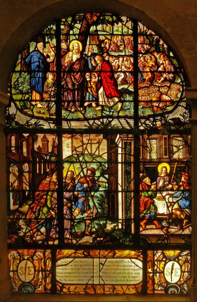 Janela no Charnier (w.4) representando a alimentação dos 5000 e o encontro e ceia em Emmaus de French School
