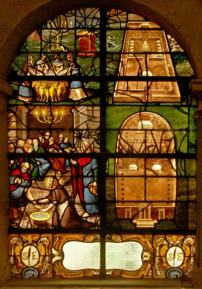 Janela no Charnier (w.7) representando a Velha e a Nova Dispensação: lavar as mãos e lavar os pés de French School