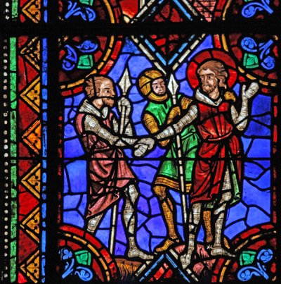 Janela w06 representando St Julian de Brioude história - St Ferreol, um amigo de Julien, que morreu durante as perseguições de Diocleciano, é preso de French School