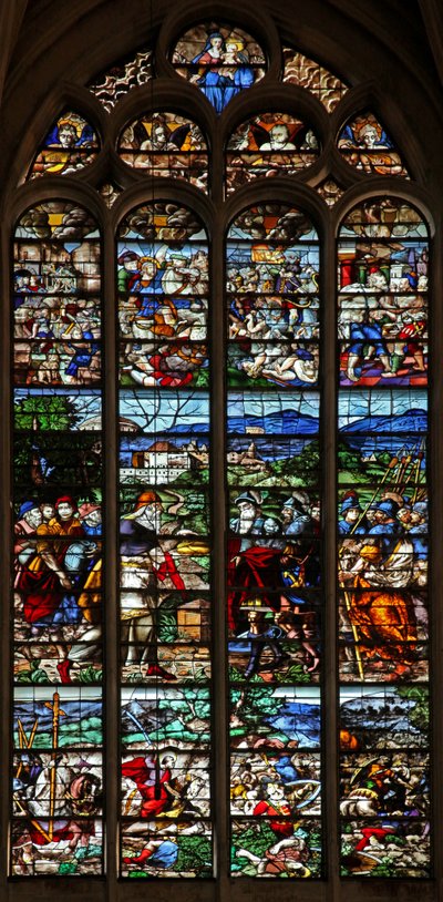 Janela w124 representando Abraão e Melquisedeque; St James em batalha com os mouros na Espanha; cenas da vida de St James de French School
