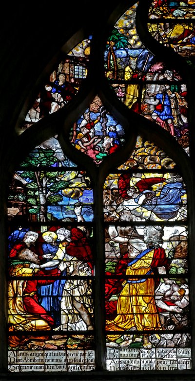 Janela w126 representando Abraham recebe três visitantes; Abraão tenta sacrificar Isaac de French School