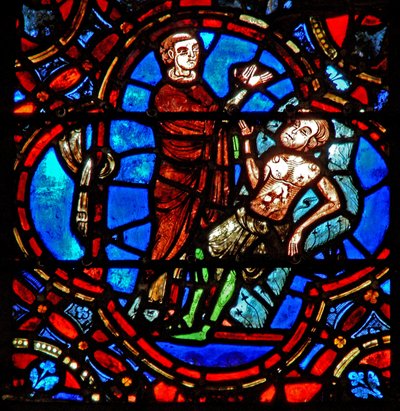 Janela w12 retratando uma cena na janela do Bom Samaritano: outro viajante vê o peregrino ferido de French School