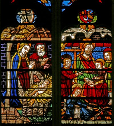 Janela w132 representando a Natividade; Mary Cleophas e apóstolos infantis de French School
