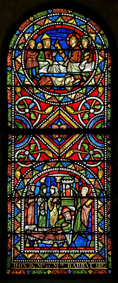 Janela w13 representando Dado à igreja no século XIX, estes dois painéis datam do início do século XIII e são os mais antigos de vidro em Chalons de French School