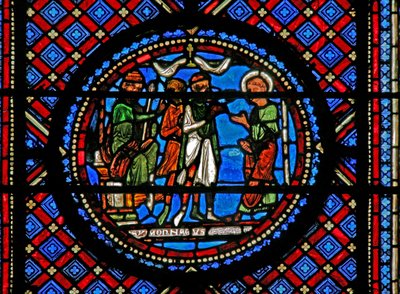 Janela w14 representando Simon Magus e St Peter antes de Herod de French School