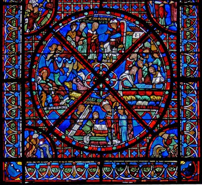 Janela w15 representando a história das relíquias de St Stephens: a parte inferior da janela de French School
