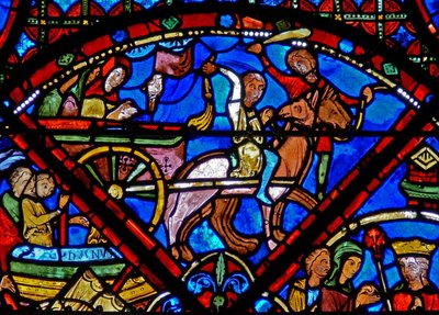 Janela w15 retratando a história das relíquias de St Stephens: transportando as relíquias de cavalo e carroça de French School