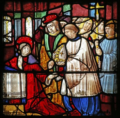 Janela w19 retratando a vida de St Remi. Ele é oferecido o bispado de Reims de French School