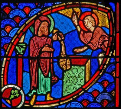 Janela w20 representando Zacarias, o pai de São João Batista, é visitado por um anjo no templo de French School