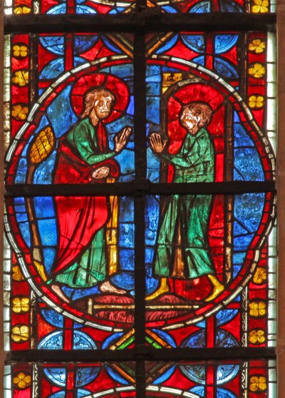 Janela w210 retratando St James e o mágico Hermogenes aprendiz Philetus de French School