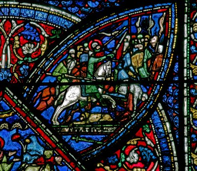 Janela w21 representando uma cena da vida de St Eustache: ele se junta ao exército: faz batalha de French School