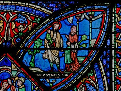 Janela w21 retratando uma cena da vida de St Eustache: ele sai de casa com sua família de French School