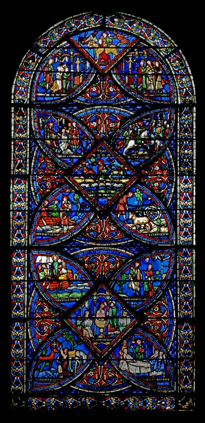 Janela w21 retratando cenas da vida de St Eustache de French School