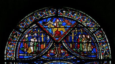 Janela w21 retratando cenas da vida de St Eustache: ele é casado com sua família no Touro de Bronze de French School