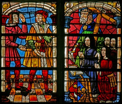 Janela w232 retratando uma cena da história do Filho Pródigo: a ira do irmão mais velho; doadores esposa, filhas, St Simon de French School