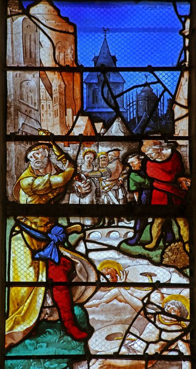 Janela w23 representando St Crepin e St Crepinian: jogado no rio Aisne com mós ao redor de seus pescoços de French School