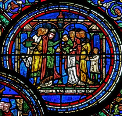 Janela w23 representando St Thomas Becket confirmando crianças de French School