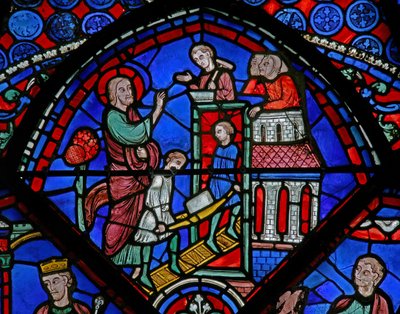 Janela w23 que descreve uma cena da vida de St Thomas: o santo constrói uma igreja de French School