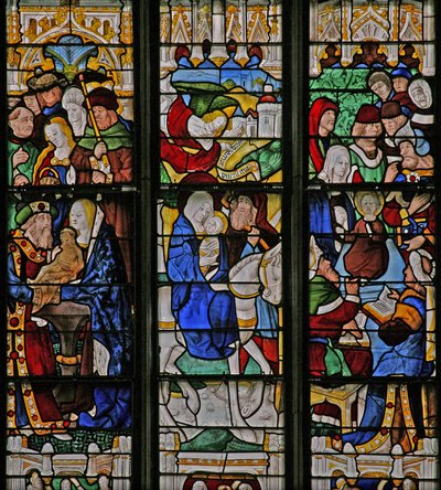 Janela w2 retratando a fuga para o Egito, no templo com Simeão, Cristo com os doutores no templo de French School